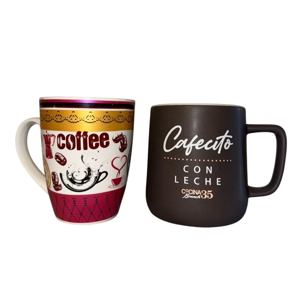 Set Of 2 Coffee Mugs - Cafecito Con Leche Brunch 35 & Red Coffee Design - 12 Oz